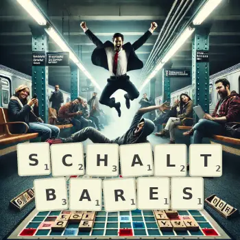 Kreative Illustration für ein Scrabble-Spiel, bei dem das Wort SCHALTBARES mit Steinen auf dem Brett gelegt wurde.