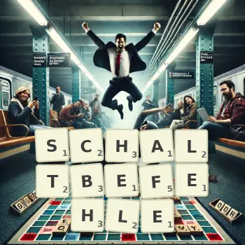 Kreative Illustration für ein Scrabble-Spiel, bei dem das Wort SCHALTBEFEHLE mit Steinen auf dem Brett gelegt wurde.