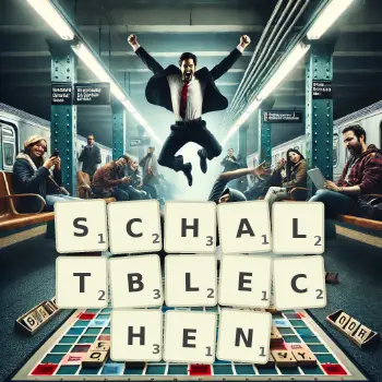 Kreative Illustration für ein Scrabble-Spiel, bei dem das Wort SCHALTBLECHEN mit Steinen auf dem Brett gelegt wurde.