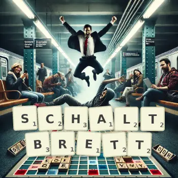 Kreative Illustration für ein Scrabble-Spiel, bei dem das Wort SCHALTBRETT mit Steinen auf dem Brett gelegt wurde.