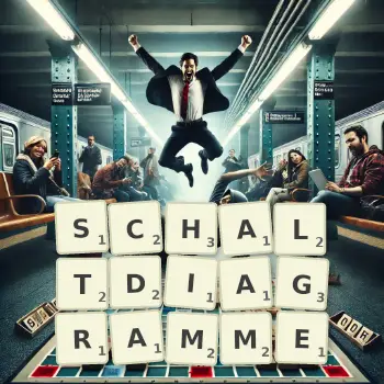 Kreative Illustration für ein Scrabble-Spiel, bei dem das Wort SCHALTDIAGRAMME mit Steinen auf dem Brett gelegt wurde.