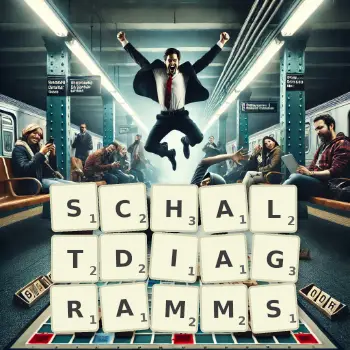 Kreative Illustration für ein Scrabble-Spiel, bei dem das Wort SCHALTDIAGRAMMS mit Steinen auf dem Brett gelegt wurde.