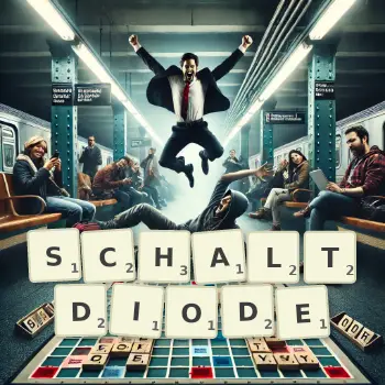 Kreative Illustration für ein Scrabble-Spiel, bei dem das Wort SCHALTDIODE mit Steinen auf dem Brett gelegt wurde.