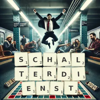 Kreative Illustration für ein Scrabble-Spiel, bei dem das Wort SCHALTERDIENST mit Steinen auf dem Brett gelegt wurde.