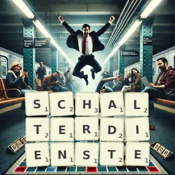 Kreative Illustration für ein Scrabble-Spiel, bei dem das Wort SCHALTERDIENSTE mit Steinen auf dem Brett gelegt wurde.
