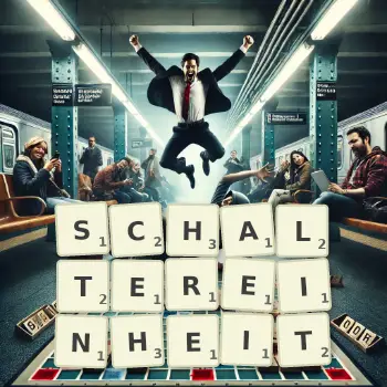 Kreative Illustration für ein Scrabble-Spiel, bei dem das Wort SCHALTEREINHEIT mit Steinen auf dem Brett gelegt wurde.