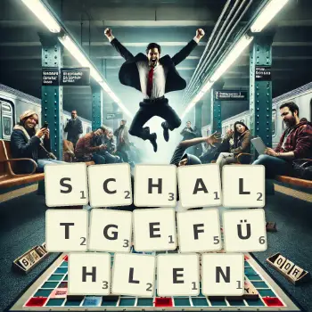 Kreative Illustration für ein Scrabble-Spiel, bei dem das Wort SCHALTGEFÜHLEN mit Steinen auf dem Brett gelegt wurde.