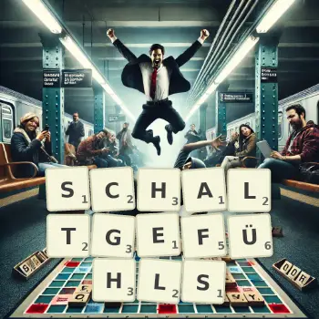 Kreative Illustration für ein Scrabble-Spiel, bei dem das Wort SCHALTGEFÜHLS mit Steinen auf dem Brett gelegt wurde.