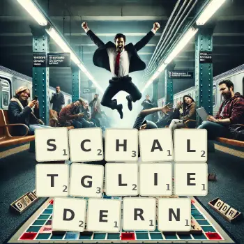 Kreative Illustration für ein Scrabble-Spiel, bei dem das Wort SCHALTGLIEDERN mit Steinen auf dem Brett gelegt wurde.