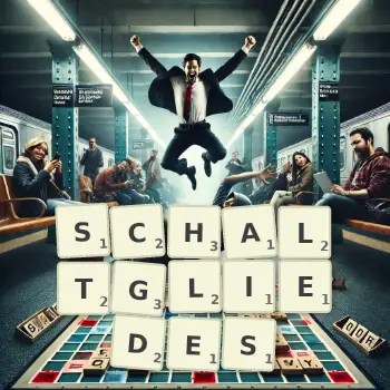 Kreative Illustration für ein Scrabble-Spiel, bei dem das Wort SCHALTGLIEDES mit Steinen auf dem Brett gelegt wurde.