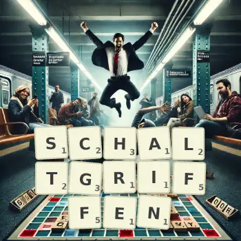 Kreative Illustration für ein Scrabble-Spiel, bei dem das Wort SCHALTGRIFFEN mit Steinen auf dem Brett gelegt wurde.