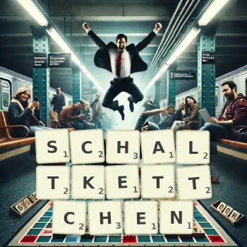 Kreative Illustration für ein Scrabble-Spiel, bei dem das Wort SCHALTKETTCHEN mit Steinen auf dem Brett gelegt wurde.