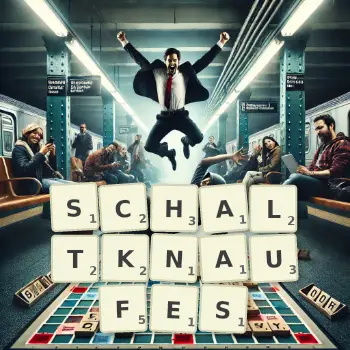 Kreative Illustration für ein Scrabble-Spiel, bei dem das Wort SCHALTKNAUFES mit Steinen auf dem Brett gelegt wurde.