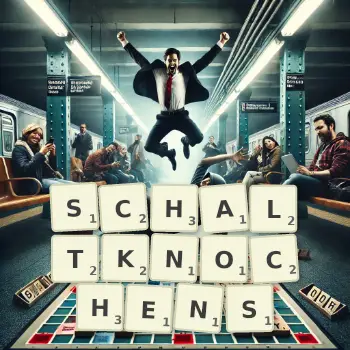 Kreative Illustration für ein Scrabble-Spiel, bei dem das Wort SCHALTKNOCHENS mit Steinen auf dem Brett gelegt wurde.