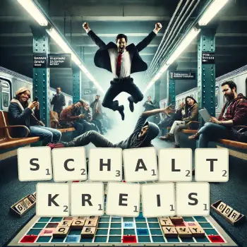 Kreative Illustration für ein Scrabble-Spiel, bei dem das Wort SCHALTKREIS mit Steinen auf dem Brett gelegt wurde.