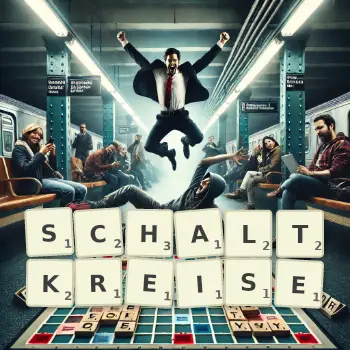 Kreative Illustration für ein Scrabble-Spiel, bei dem das Wort SCHALTKREISE mit Steinen auf dem Brett gelegt wurde.