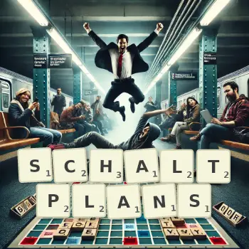 Kreative Illustration für ein Scrabble-Spiel, bei dem das Wort SCHALTPLANS mit Steinen auf dem Brett gelegt wurde.