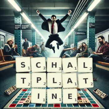 Kreative Illustration für ein Scrabble-Spiel, bei dem das Wort SCHALTPLATINE mit Steinen auf dem Brett gelegt wurde.