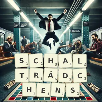 Kreative Illustration für ein Scrabble-Spiel, bei dem das Wort SCHALTRÄDCHENS mit Steinen auf dem Brett gelegt wurde.