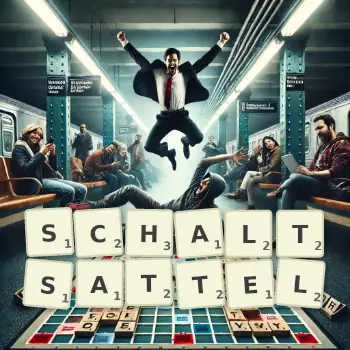 Kreative Illustration für ein Scrabble-Spiel, bei dem das Wort SCHALTSATTEL mit Steinen auf dem Brett gelegt wurde.