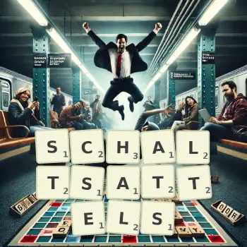 Kreative Illustration für ein Scrabble-Spiel, bei dem das Wort SCHALTSATTELS mit Steinen auf dem Brett gelegt wurde.