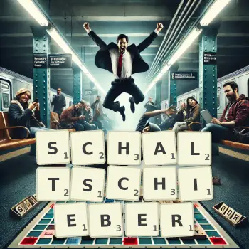 Kreative Illustration für ein Scrabble-Spiel, bei dem das Wort SCHALTSCHIEBER mit Steinen auf dem Brett gelegt wurde.
