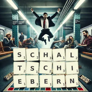 Kreative Illustration für ein Scrabble-Spiel, bei dem das Wort SCHALTSCHIEBERN mit Steinen auf dem Brett gelegt wurde.