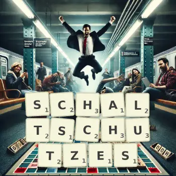 Kreative Illustration für ein Scrabble-Spiel, bei dem das Wort SCHALTSCHUTZES mit Steinen auf dem Brett gelegt wurde.