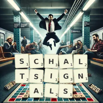 Kreative Illustration für ein Scrabble-Spiel, bei dem das Wort SCHALTSIGNALS mit Steinen auf dem Brett gelegt wurde.