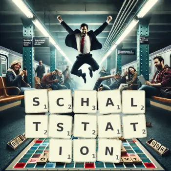 Kreative Illustration für ein Scrabble-Spiel, bei dem das Wort SCHALTSTATION mit Steinen auf dem Brett gelegt wurde.