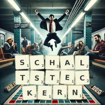 Kreative Illustration für ein Scrabble-Spiel, bei dem das Wort SCHALTSTECKERN mit Steinen auf dem Brett gelegt wurde.