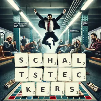 Kreative Illustration für ein Scrabble-Spiel, bei dem das Wort SCHALTSTECKERS mit Steinen auf dem Brett gelegt wurde.