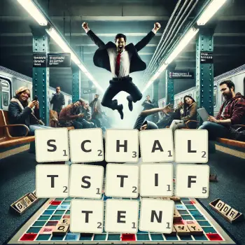 Kreative Illustration für ein Scrabble-Spiel, bei dem das Wort SCHALTSTIFTEN mit Steinen auf dem Brett gelegt wurde.