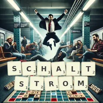 Kreative Illustration für ein Scrabble-Spiel, bei dem das Wort SCHALTSTROM mit Steinen auf dem Brett gelegt wurde.