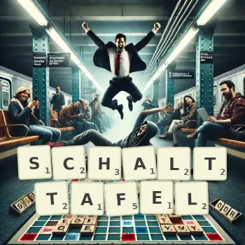 Kreative Illustration für ein Scrabble-Spiel, bei dem das Wort SCHALTTAFEL mit Steinen auf dem Brett gelegt wurde.