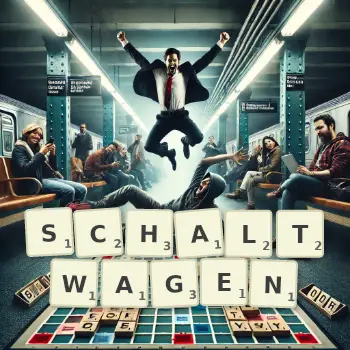 Kreative Illustration für ein Scrabble-Spiel, bei dem das Wort SCHALTWAGEN mit Steinen auf dem Brett gelegt wurde.