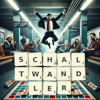 Kreative Illustration für ein Scrabble-Spiel, bei dem das Wort SCHALTWANDLER mit Steinen auf dem Brett gelegt wurde.
