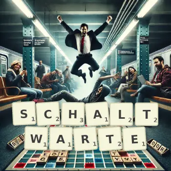 Kreative Illustration für ein Scrabble-Spiel, bei dem das Wort SCHALTWARTE mit Steinen auf dem Brett gelegt wurde.