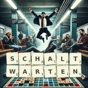 Kreative Illustration für ein Scrabble-Spiel, bei dem das Wort SCHALTWARTEN mit Steinen auf dem Brett gelegt wurde.