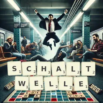 Kreative Illustration für ein Scrabble-Spiel, bei dem das Wort SCHALTWELLE mit Steinen auf dem Brett gelegt wurde.