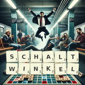 Kreative Illustration für ein Scrabble-Spiel, bei dem das Wort SCHALTWINKEL mit Steinen auf dem Brett gelegt wurde.