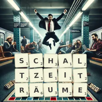 Kreative Illustration für ein Scrabble-Spiel, bei dem das Wort SCHALTZEITRÄUME mit Steinen auf dem Brett gelegt wurde.