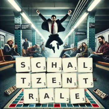 Kreative Illustration für ein Scrabble-Spiel, bei dem das Wort SCHALTZENTRALE mit Steinen auf dem Brett gelegt wurde.