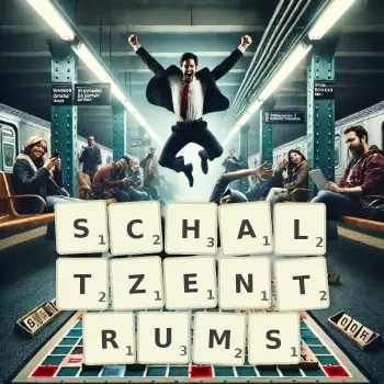 Kreative Illustration für ein Scrabble-Spiel, bei dem das Wort SCHALTZENTRUMS mit Steinen auf dem Brett gelegt wurde.