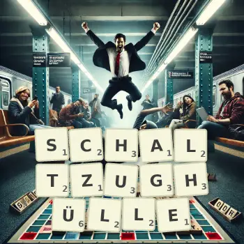Kreative Illustration für ein Scrabble-Spiel, bei dem das Wort SCHALTZUGHÜLLE mit Steinen auf dem Brett gelegt wurde.