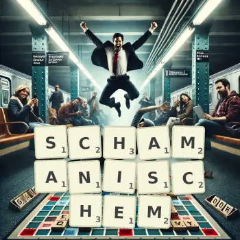 Kreative Illustration für ein Scrabble-Spiel, bei dem das Wort SCHAMANISCHEM mit Steinen auf dem Brett gelegt wurde.