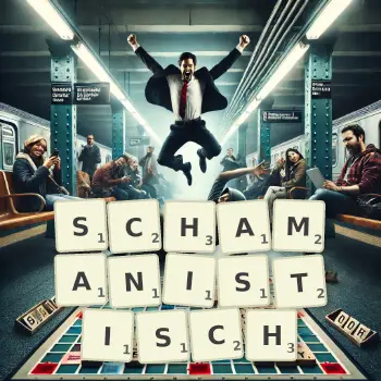 Kreative Illustration für ein Scrabble-Spiel, bei dem das Wort SCHAMANISTISCH mit Steinen auf dem Brett gelegt wurde.