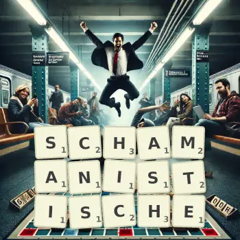 Kreative Illustration für ein Scrabble-Spiel, bei dem das Wort SCHAMANISTISCHE mit Steinen auf dem Brett gelegt wurde.