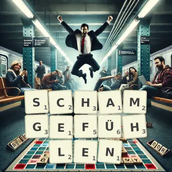 Kreative Illustration für ein Scrabble-Spiel, bei dem das Wort SCHAMGEFÜHLEN mit Steinen auf dem Brett gelegt wurde.