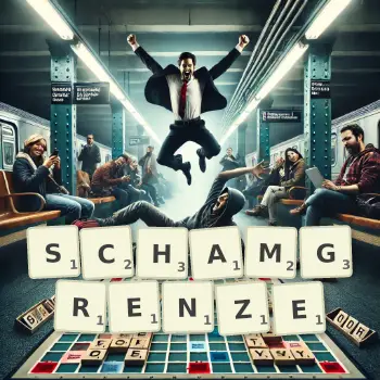 Kreative Illustration für ein Scrabble-Spiel, bei dem das Wort SCHAMGRENZE mit Steinen auf dem Brett gelegt wurde.